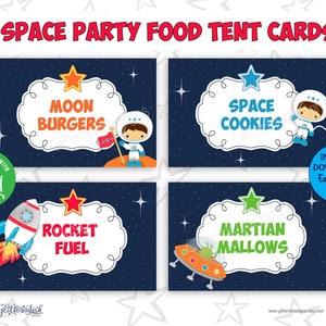 Cartes de tente alimentaire dans l'espace pour une soirée à thème garçon astronaute, étiquettes imprimables de table de buffet et étiquettes de pots de bonbons pour l'anniversaire de la fusée galaxie