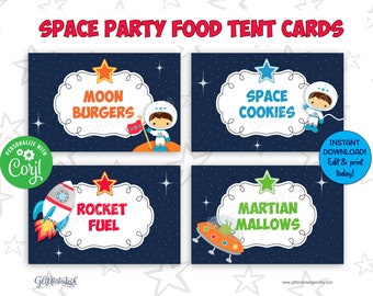 Outer space party food tent cards / Space party labels / Boy astronaut party buffet table cards / Rocket party candy jar labels