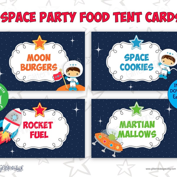 Outer space party food tent cards / Space party labels / Boy astronaut party buffet table cards / Rocket party candy jar labels