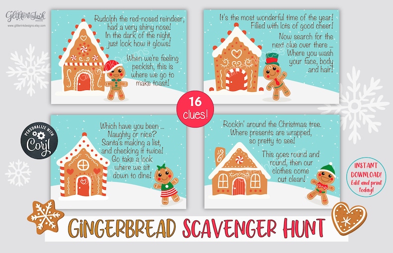 Gingerbread Christmas scavenger hunt clue cards, Printable treasure hunt clues for kids and family party games image 6