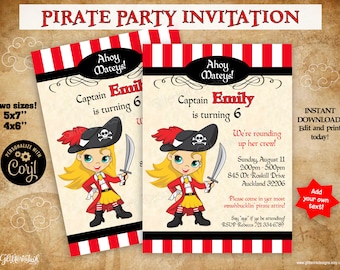 Invitación imprimible fiesta pirata niña / Invitación de cumpleaños pirata / Invitación editable cabello rubio ojos verdes descarga instantánea digital Corjl
