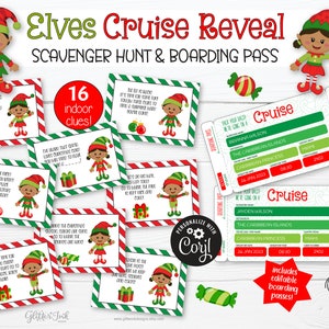 Crucero sorpresa con elfos navideños, búsqueda del tesoro y tarjeta de embarque, pistas de búsqueda del tesoro de elfos + boletos imprimibles para vacaciones familiares