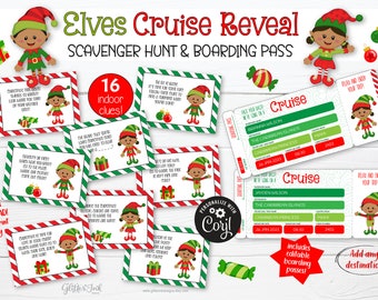 Christmas elves cruise surprise trip reveal scavenger hunt & boarding pass / Elf treasure hunt clues + printable tickets family vacation