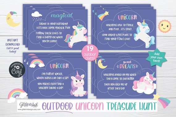 Outdoor birthday unicorn scavenger hunt / Unicorn treasure hunt clues / Unicorn birthday outdoors party game for kids Il_570xn