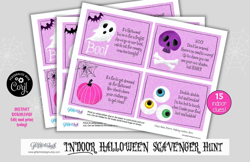 May include: A printable set of 15 indoor Halloween scavenger hunt clues. The clues feature a variety of Halloween themes, including ghosts, pumpkins, skulls, and eyeballs. The clues are printed on a light purple background with black and white spiderwebs.