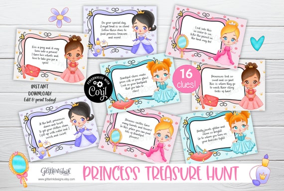 Baby princess treasure hunt / Princess party scavenger hunt clue cards / Princess birthday treasure hunt clues / Princess party games Il_570xn
