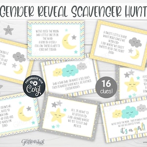 Schede indizi per la caccia al tesoro con rivelazione del sesso del bambino, giochi per feste di baby shower, indizi per la caccia al tesoro stampabili per la cameretta dei bambini neutri