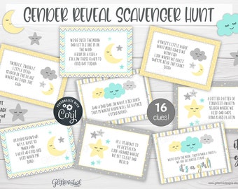 Gender reveal scavenger hunt clue cards for baby shower party games, Neutral nursery printable treasure hunt clues
