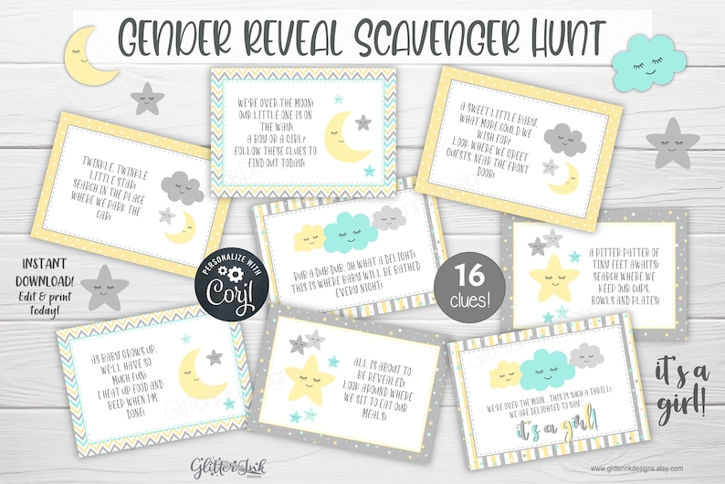 Gender reveal scavenger hunt clue cards for baby shower party games, Neutral nursery printable treasure hunt clues image 1