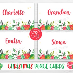 Talheres para impressão de mesa de Natal / Cartões de barraca de comida editáveis para decoração de Natal / Cartões de comida de Natal Cartões de lugar para convidados - edite com Corjl