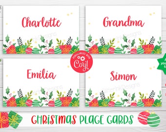 Christmas table printable place settings / Christmas decor editable food tent cards / Holiday food cards guest place cards - edit with Corjl