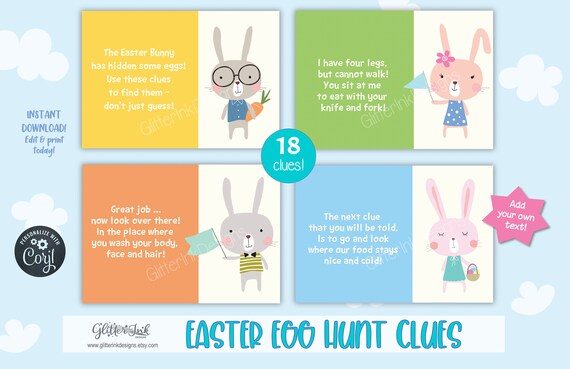 Easter scavenger hunt for kids / Easter egg hunt clues / Printable Easter treasure hunt clue cards / Easter bunny hunt activity