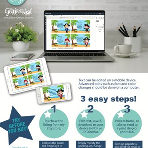 May include: A computer screen displaying a printable design for pirate-themed party favors. The design features a cartoon pirate holding a treasure chest. The text on the screen reads "Ahoy Matey! We must find the gold and treasure!" The text on the image reads "Edit, Download and Print Today with Corjl on-line tool - no app download required!"