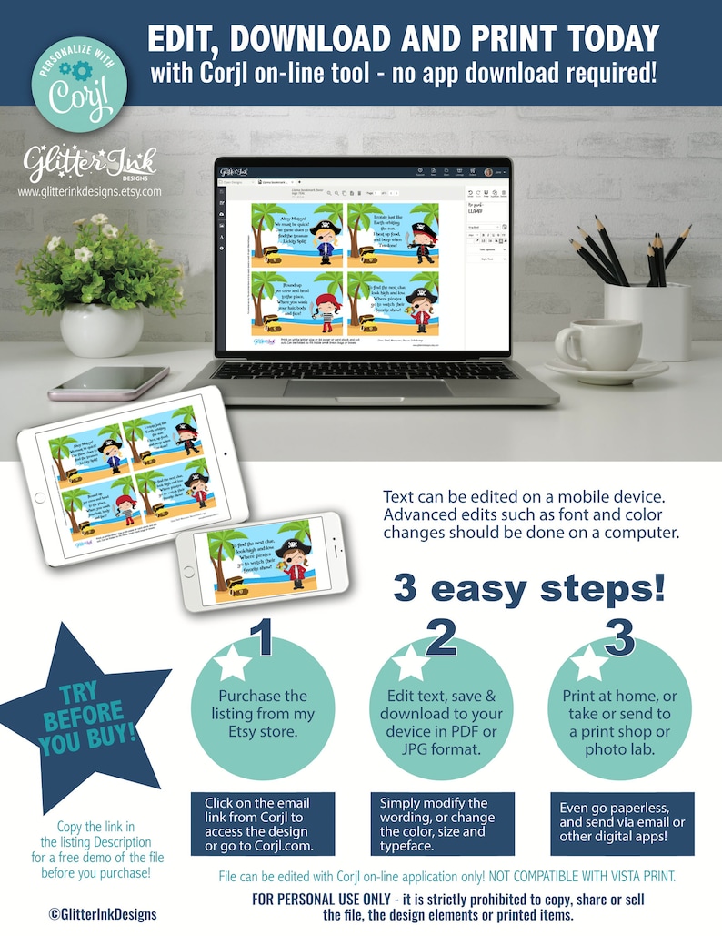 May include: A computer screen displaying a printable design for pirate-themed party favors. The design features a cartoon pirate holding a treasure chest. The text on the screen reads "Ahoy Matey! We must find the gold and treasure!" The text on the image reads "Edit, Download and Print Today with Corjl on-line tool - no app download required!"