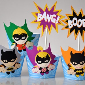 Super Hero printable cupcake wrappers and flash toppers, Flying superheroes party favors and tags, Superhero theme decor - instant download