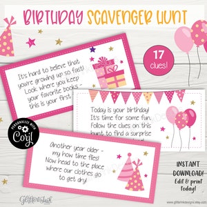 May include: Pink and gold birthday scavenger hunt printable cards with 17 clues. The cards feature a pink party hat, balloons, and stars. The text on the cards reads "It's hard to believe that you're growing up so fast! Look where you keep your favourite books - this is your first", "Today is your birthday! It's time for some fun. Follow the clues on this hunt to find a surprise", and "Another year older - my how time flies! Now head to the place where our clothes go to get dry!"