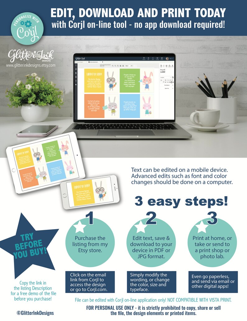 May include: A laptop screen displaying a digital printable design featuring a cute bunny with glasses and a carrot. The design is editable using the Corjl online tool. The image also includes a call to action to try before you buy and instructions on how to purchase and edit the design.