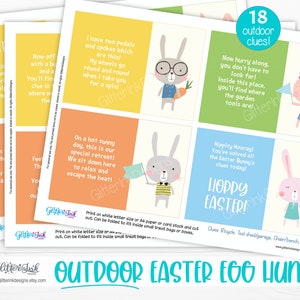 May include: A set of 18 colorful cards with bunny illustrations and text for an outdoor Easter egg hunt. The cards feature phrases like "Hippity Hooray! You've solved all the Easter Bunny's clues today!" and "Now hurry along, you don't have to look far! Inside this place, you'll find where the garden tools are!"