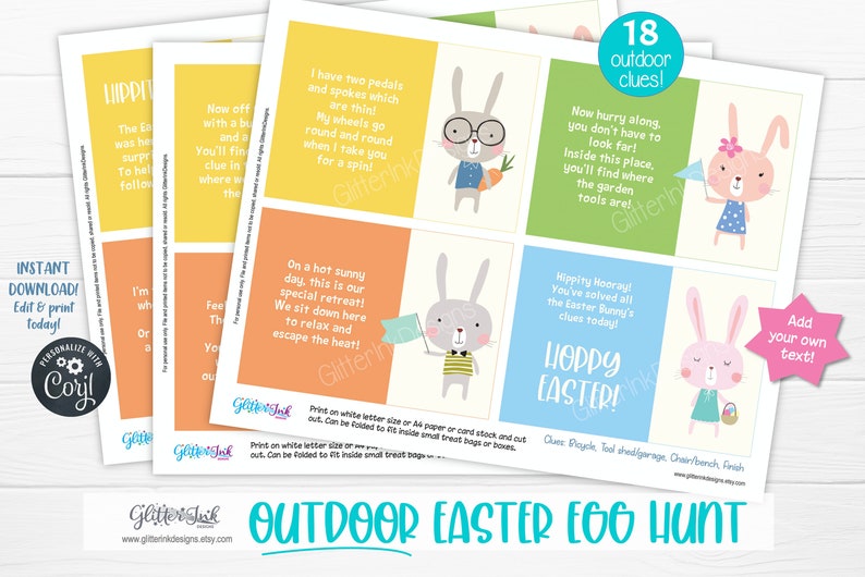 May include: A set of 18 colorful cards with bunny illustrations and text for an outdoor Easter egg hunt. The cards feature phrases like "Hippity Hooray! You've solved all the Easter Bunny's clues today!" and "Now hurry along, you don't have to look far! Inside this place, you'll find where the garden tools are!"