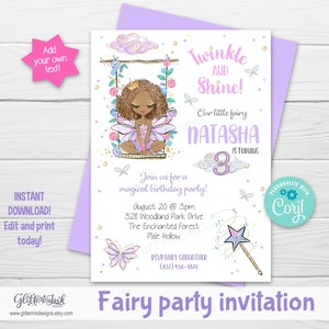May include: A fairy party invitation with a purple background and a cartoon fairy with brown skin and wings. The text reads "Twinkle and Shine! Our little fairy Natasha is turning 3. Join us for a magical birthday party! August 20 @ 3pm 328 Woodland Park Drive The Enchanted Forest Pixie Hollow RSVP Fairy Godmother (852)456-1876"