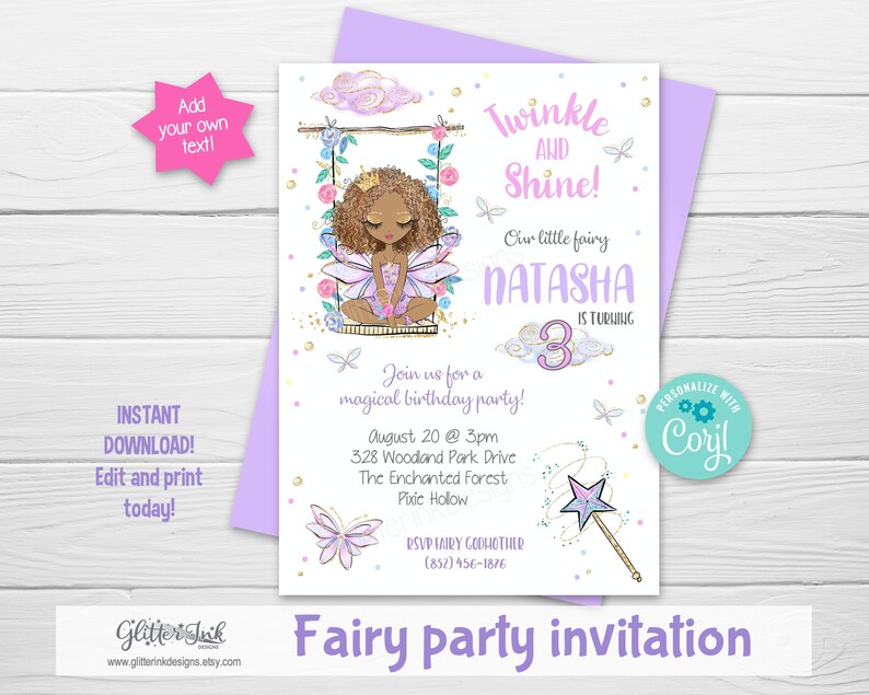 May include: A fairy party invitation with a purple background and a cartoon fairy with brown skin and wings. The text reads "Twinkle and Shine! Our little fairy Natasha is turning 3. Join us for a magical birthday party! August 20 @ 3pm 328 Woodland Park Drive The Enchanted Forest Pixie Hollow RSVP Fairy Godmother (852)456-1876"