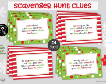 Birthday treasure hunt clues for kids / Christmas scavenger hunt clue cards / Printable Christmas birthday party game / Holiday season games