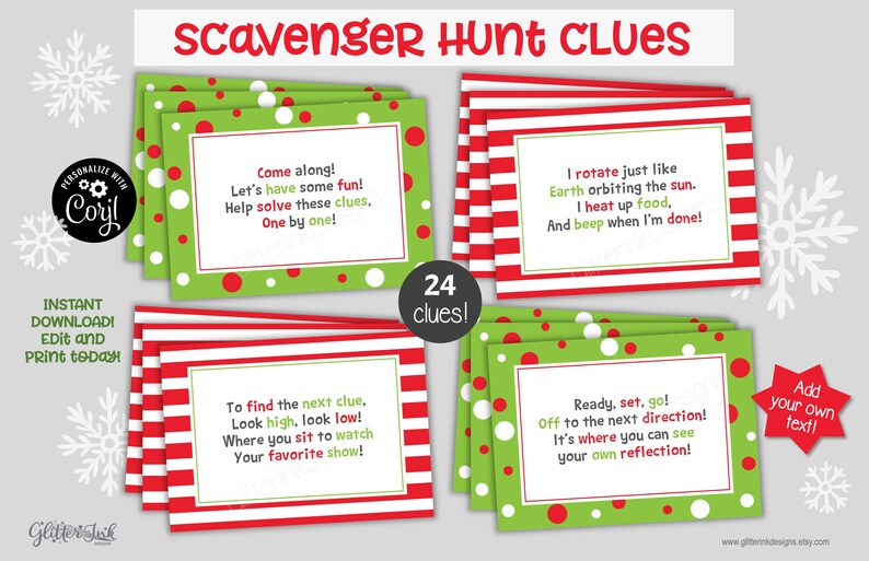 May include: A set of 24 printable Christmas scavenger hunt clues. The clues are printed on red and white striped paper and green paper with red and white polka dots. The text on the clues includes phrases like "Come along! Let's have some fun!" and "I rotate just like Earth orbiting the sun."