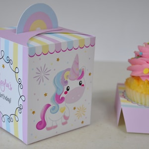 Unicorn party cupcake box / Rainbow unicorn treat boxes / Unicorn party favors / Unicorn favor box image 1