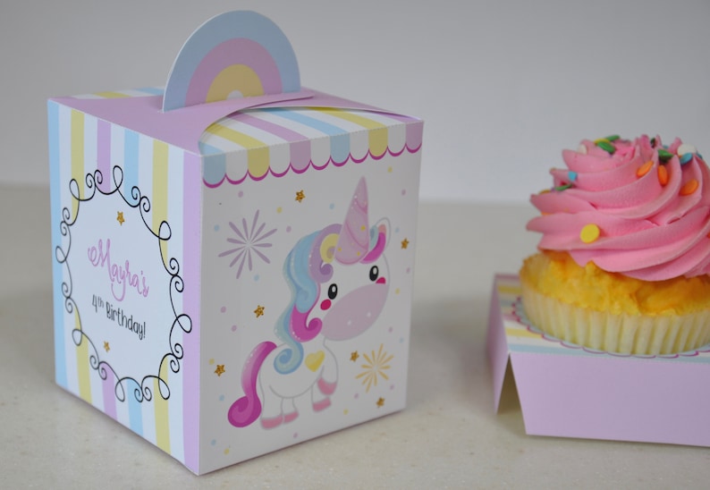 Unicorn party cupcake box / Rainbow unicorn treat boxes / Unicorn party favors / Unicorn favor box image 1