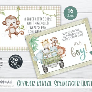 Gender reveal scavenger hunt clue cards for baby shower party games, Jungle treasure hunt printable clues image 9