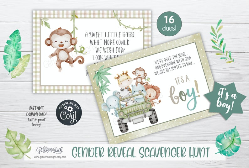 Gender reveal scavenger hunt clue cards for baby shower party games, Jungle treasure hunt printable clues image 9