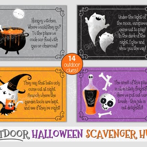 May include: A set of 14 printable Halloween scavenger hunt cards featuring illustrations of a witch's cauldron, a ghost, a bat, and a skull and crossbones. The cards have orange, purple, black, and grey backgrounds. The text on the cards reads: "Hungry witches, where would they go? To the place we cook our food with gas or charcoal!" "They say that bats only come out at night. Search where the garden tools are kept, and see if they're right!" "Under the light of the moon, vampires come out to play! In the dark of the night. I glow and show you the way!" "The smell of this place is secretly frightful! Here we put out our trash - this job is not delightful!"