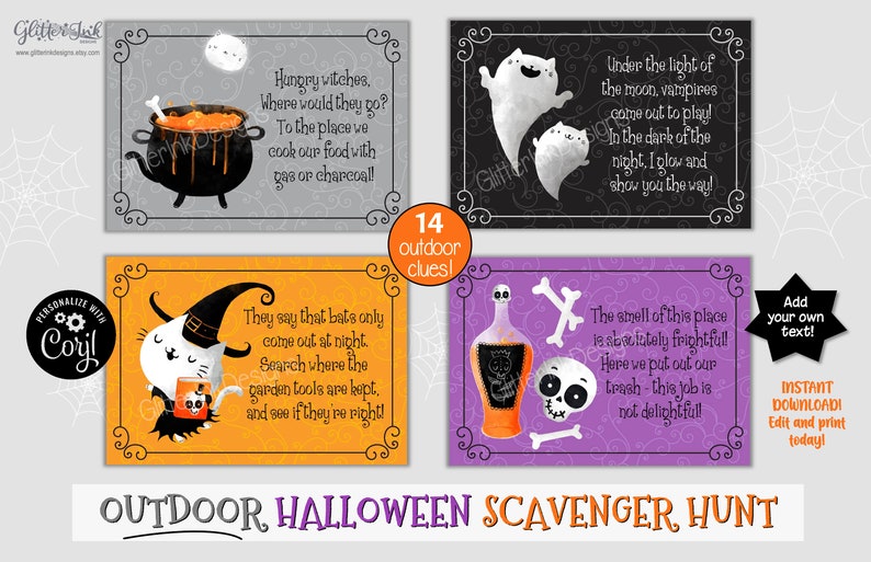 May include: A set of 14 printable Halloween scavenger hunt cards featuring illustrations of a witch's cauldron, a ghost, a bat, and a skull and crossbones. The cards have orange, purple, black, and grey backgrounds. The text on the cards reads: "Hungry witches, where would they go? To the place we cook our food with gas or charcoal!" "They say that bats only come out at night. Search where the garden tools are kept, and see if they're right!" "Under the light of the moon, vampires come out to play! In the dark of the night. I glow and show you the way!" "The smell of this place is secretly frightful! Here we put out our trash - this job is not delightful!"
