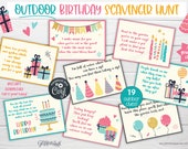OUTDOOR Kids birthday scavenger hunt clue cards, Printable treasure hunt clues for outside party games