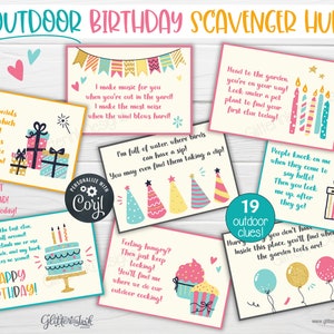 Outdoor Birthday scavenger hunt / Kids treasure hunt clues / Birthday party printable scavenger hunt clue cards for outside party games image 1