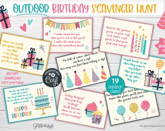 OUTDOOR Kids birthday scavenger hunt clue cards, Printable treasure hunt clues for outside party games