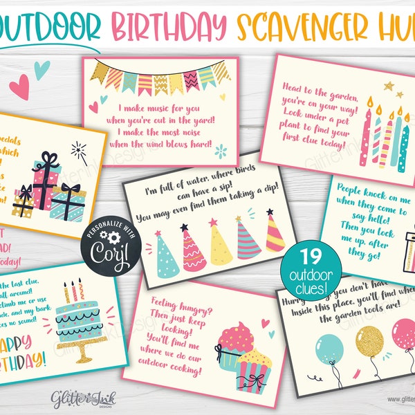 Outdoor Birthday scavenger hunt / Kids treasure hunt clues / Birthday party printable scavenger hunt clue cards for outside party games