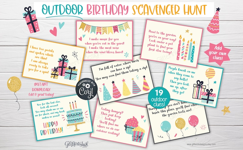 Outdoor Birthday scavenger hunt / Kids treasure hunt clues / Birthday party printable scavenger hunt clue cards for outside party games image 1
