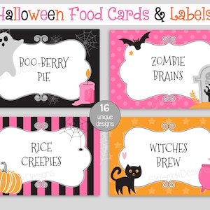 Cartes de tente de nourriture de fête d'Halloween / Décoration imprimable Halloween orange et rose / Cartes de place d'étiquettes de pot de bonbons d'anniversaire d'Halloween
