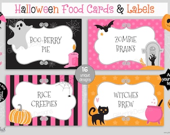 Halloween party food tent cards / Orange and Pink Halloween printable decor / Halloween birthday candy jar labels place cards