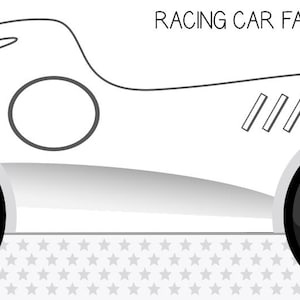 以下が含まれることがあります： レーシングカーのお菓子箱の白黒印刷可能なテンプレート。テンプレートには、「Racing Car Favor Box」と「Sides」の文字が含まれています。