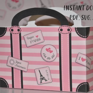 Printable Paris party suitcase favor box / Paris party favors  PDF SVG AI / Suitcase travel stamps, Eiffel Tower, Ooh la la gift box