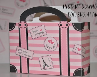 Printable Paris party suitcase favor box / Paris party favors  PDF SVG AI / Suitcase travel stamps, Eiffel Tower, Ooh la la gift box