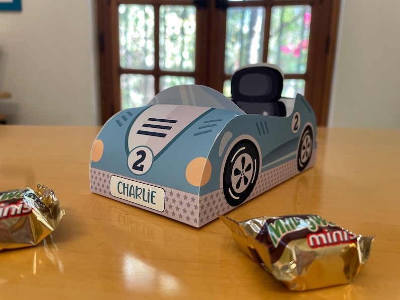 Race car birthday printable favor box / Papercraft racing car candy treat box / Two fast race car party favors Racing party car centerpiece image 4