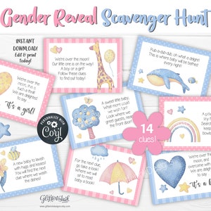 Tarjetas con pistas para la búsqueda del tesoro con revelación de género para juegos de fiesta de baby shower, pistas de búsqueda del tesoro imprimibles con osito de peluche con apliques de acuarela