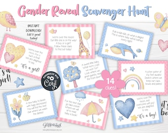 Gender reveal party scavenger hunt clue cards / Gender reveal treasure hunt clues / Watercolor aplique teddy bear baby shower party games