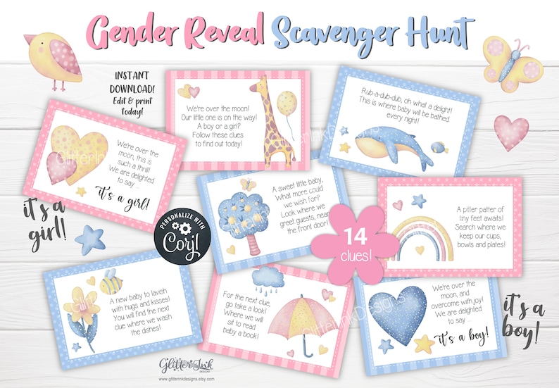 Gender reveal speurtocht-aanwijzingskaarten voor babyshower-partygames, aquarel applique teddybeer afdrukbare schattenjacht-aanwijzingen afbeelding 1