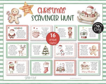 Christmas scavenger hunt for kids, Printable treasure hunt clue cards, Secret Santa family party games, Easy-medium difficulty