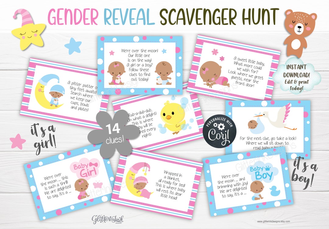 Gender Reveal Scavenger Hunt / Gender Reveal Treasure Hunt Clues ...