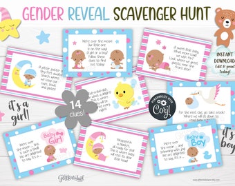 Gender reveal scavenger hunt / Gender reveal treasure hunt clues / Printable Gender reveal games African American dark skin baby shower